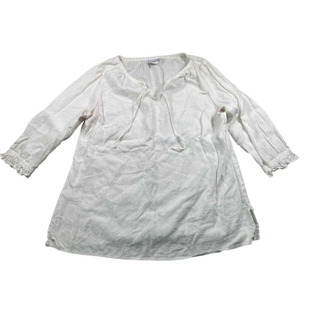 Hot Cotton Womens Large White 100% Linen Tunic Blouse Long Sleeve Boho Lagenlook